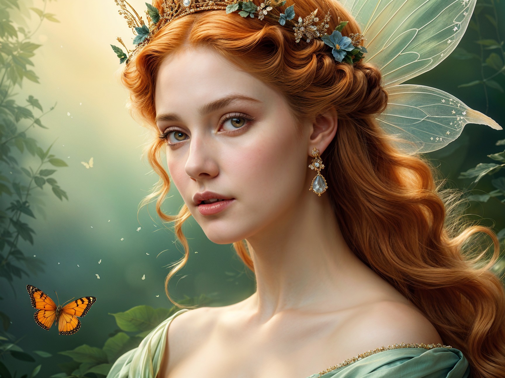 Young woman with wings in a forest setting