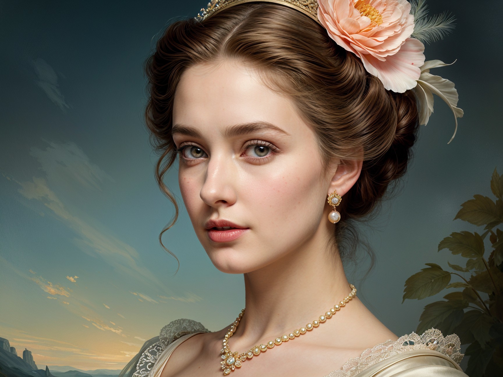 Young Woman in Elegant Gown with Serene Landscape