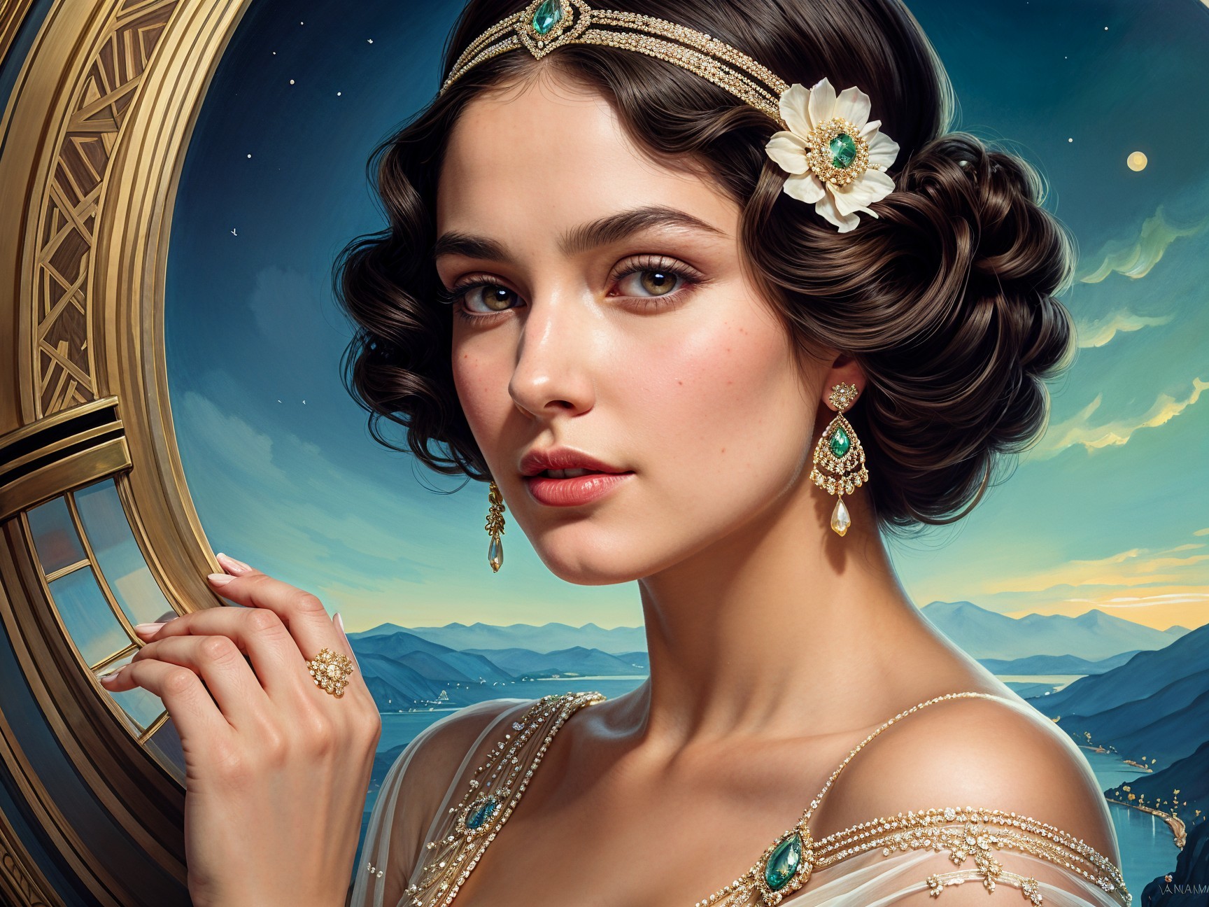 Elegant Young Woman in Intricate Gown with Jewelry
