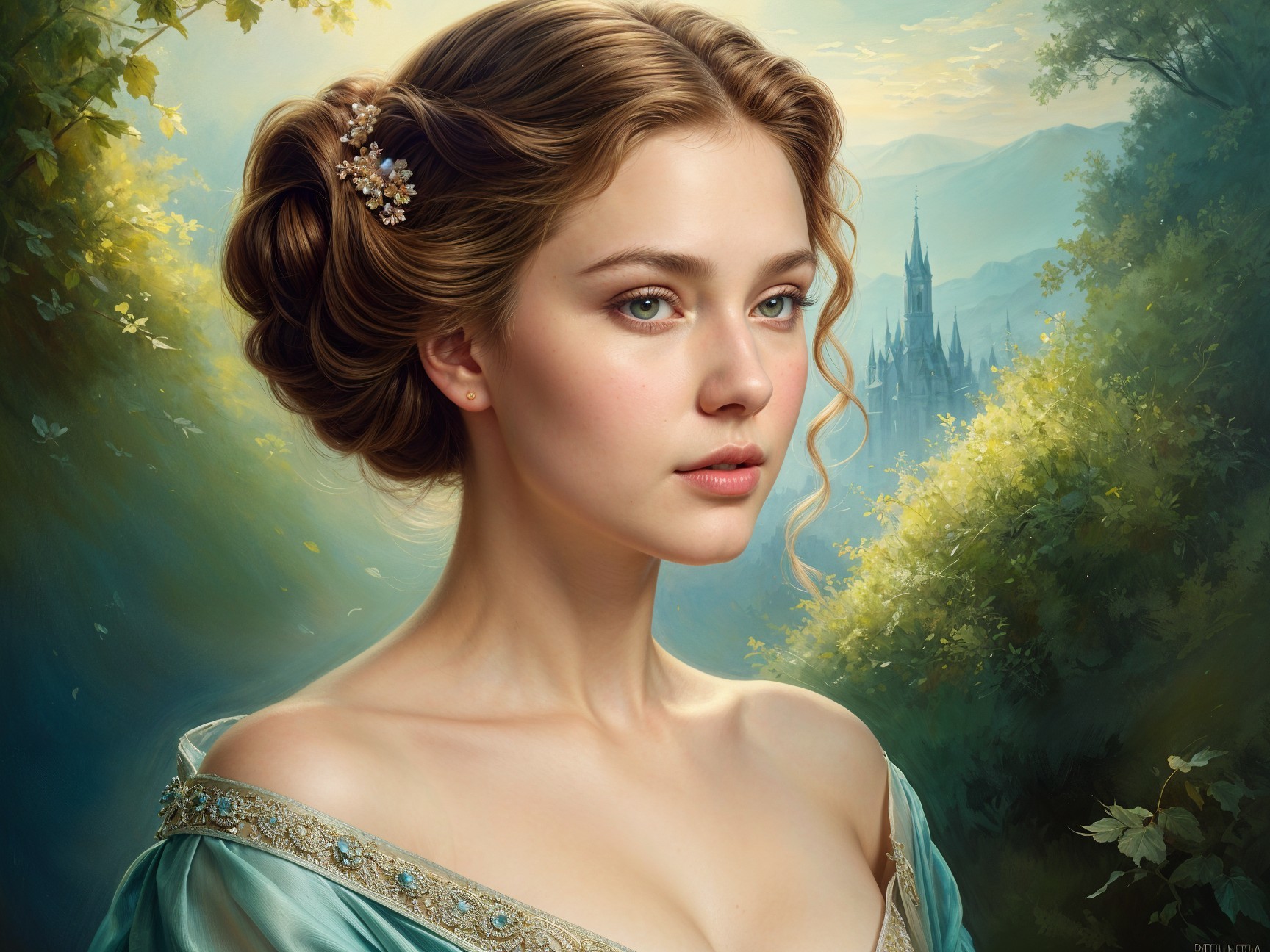 Young woman in blue gown with mountains and castle backdrop