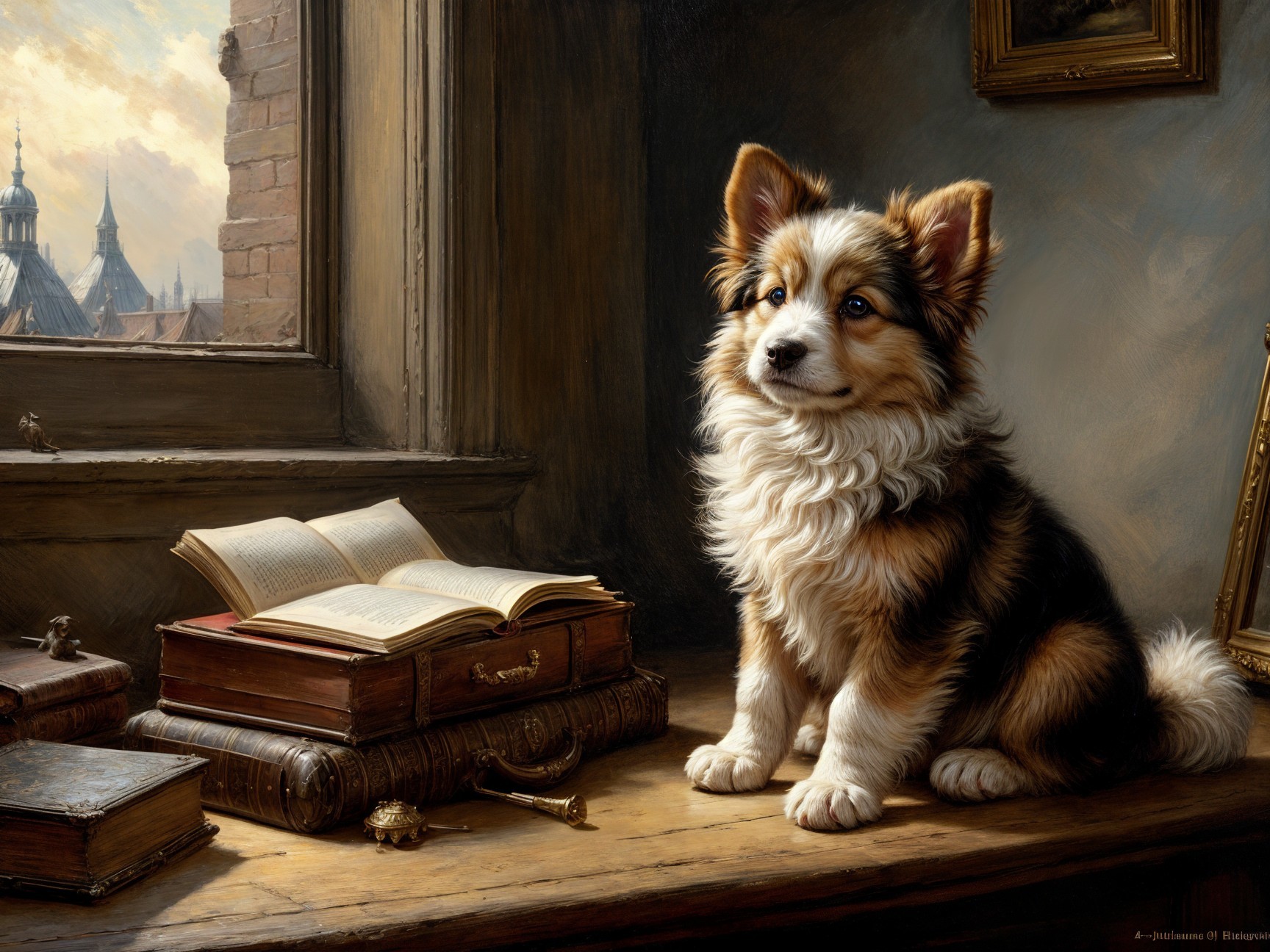 Corgi on Table with Books in Cozy Sunlit Room