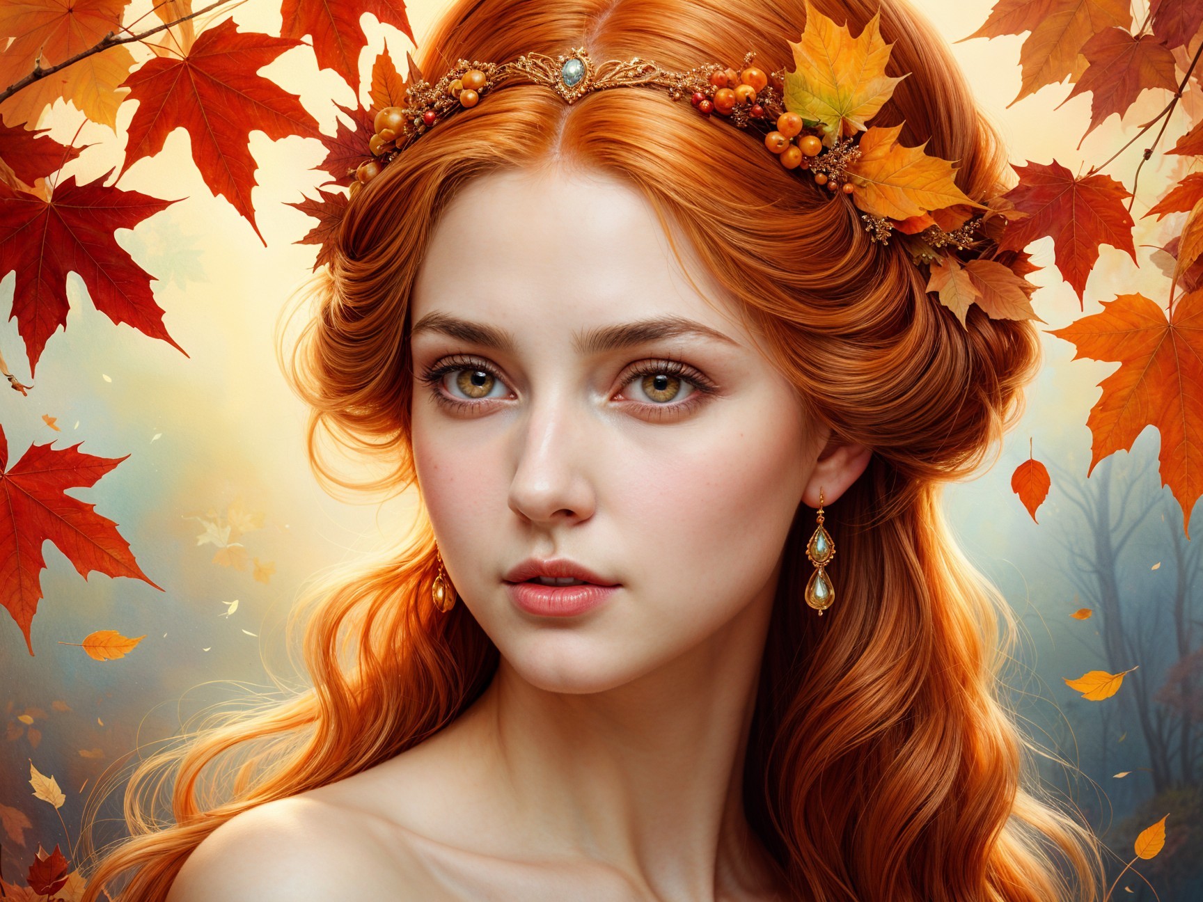 Portrait of a young woman with red hair and autumn crown