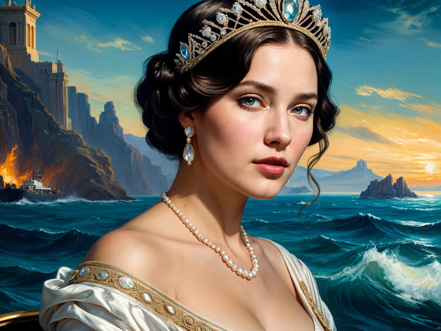 Regal young woman in elegant gown by seascape sunset