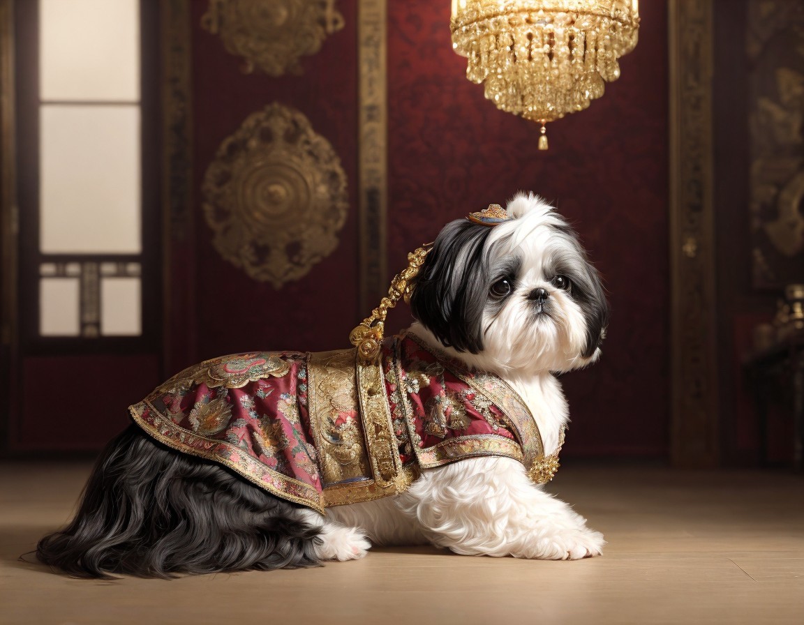 Luxurious Shih Tzu Dog in Gold-Embroidered Costume in Opulent Room