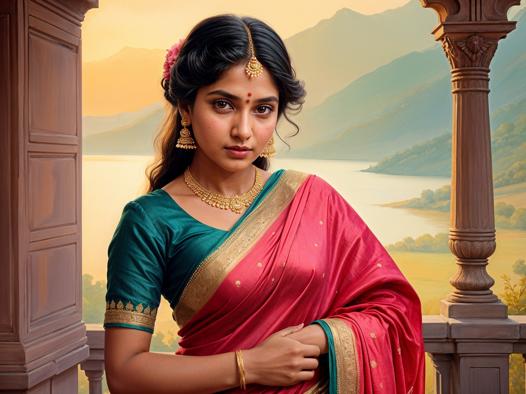 Elegant Woman in Vibrant Sari by Ornate Balcony