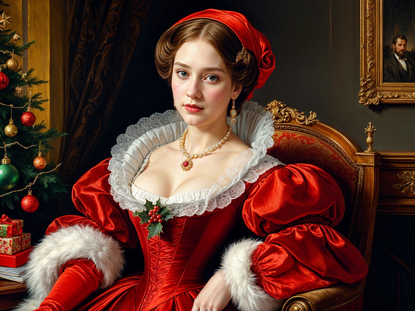 Elegant Young Woman in Red Dress in Festive Room