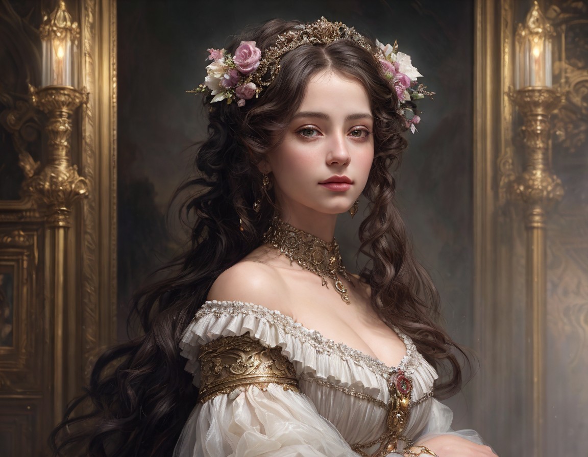 Young woman in vintage white dress with floral headpiece and long wavy brown hair in ornate room