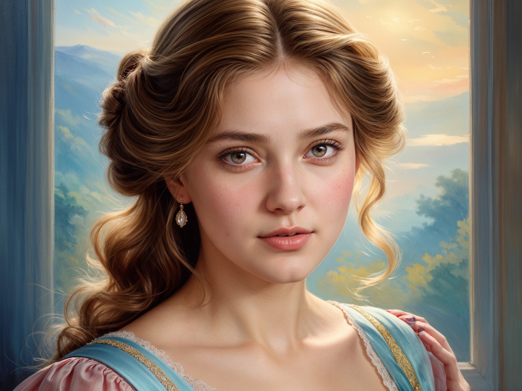 Young woman in blue dress with serene mountain backdrop