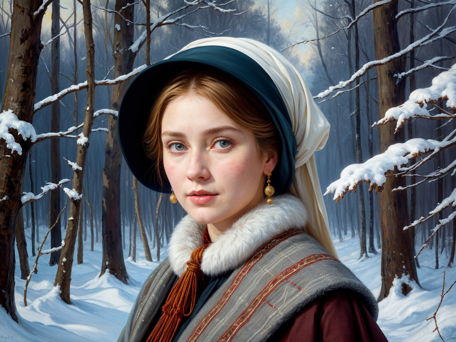 Young Woman in Snowy Forest with Serene Background