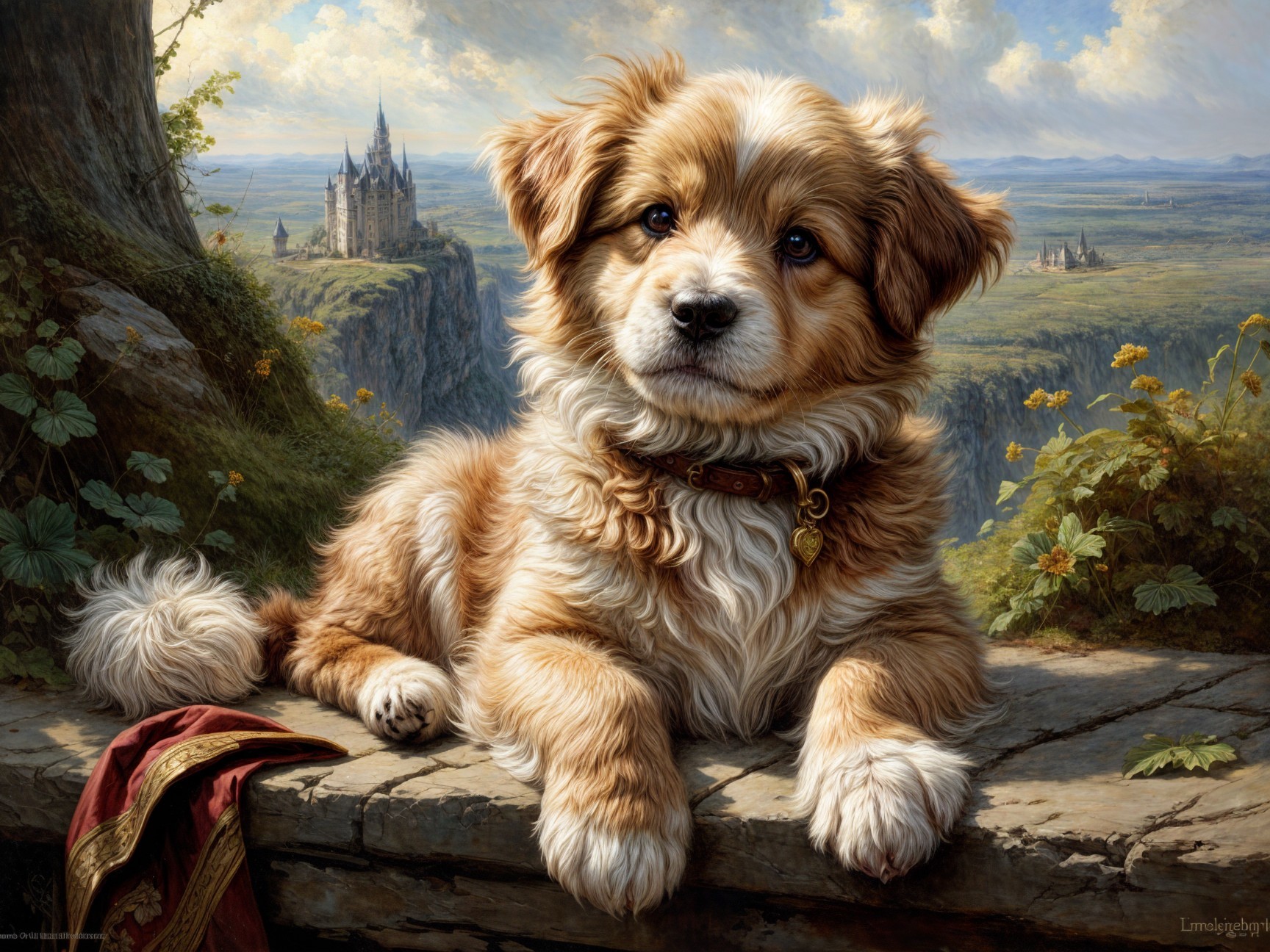 Fluffy Golden-Brown Puppy Resting by Vibrant Flowers