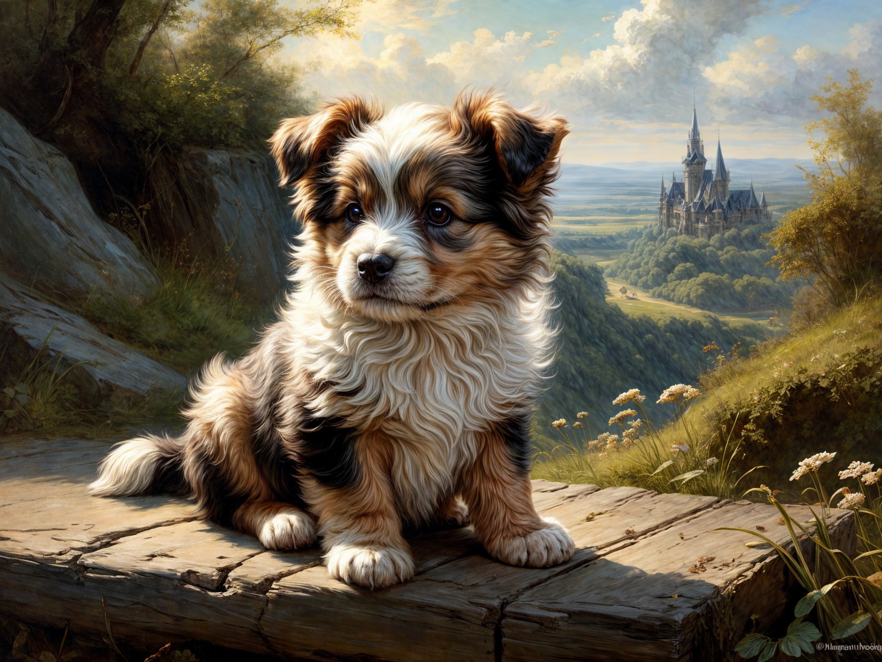 Puppy on Platform Overlooking Valley and Castle
