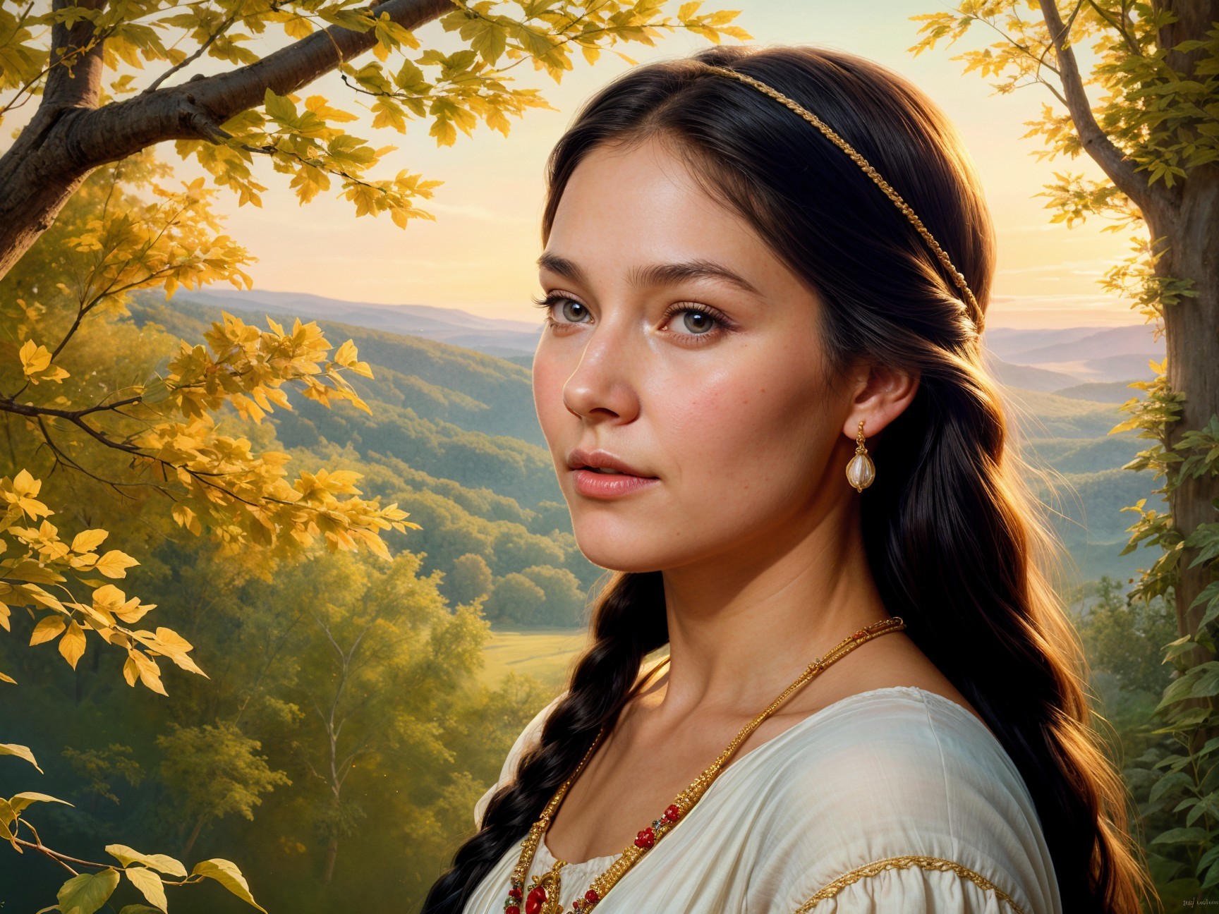 Young Woman in White Dress Against Sunset Background