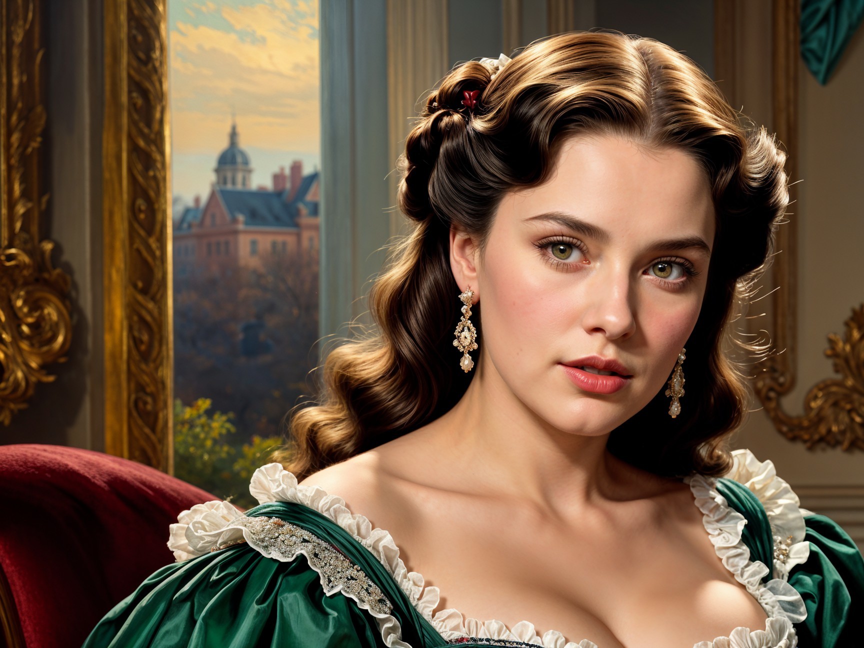 Young Woman in Elegant 19th-Century Green Gown