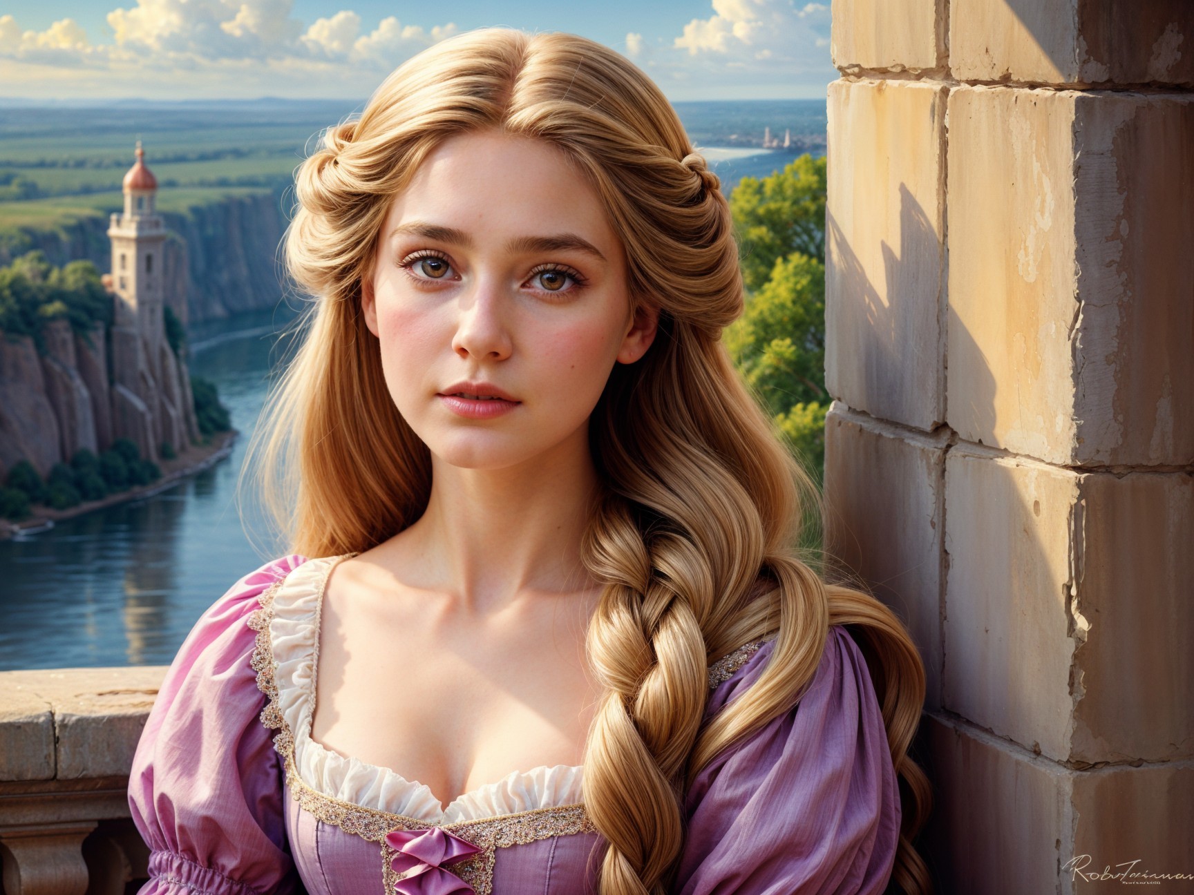 Young woman in lavender gown by a scenic landscape
