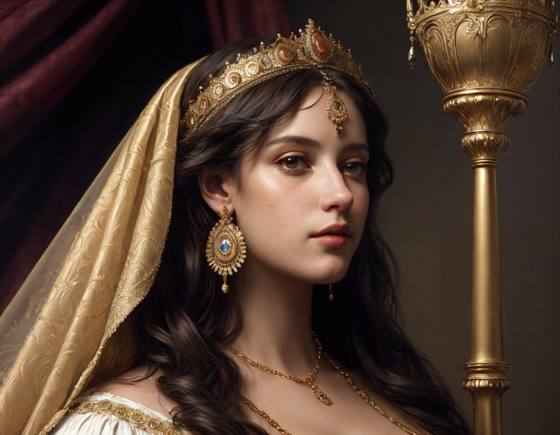 Regal Woman with Crown and Scepter in Jewelry