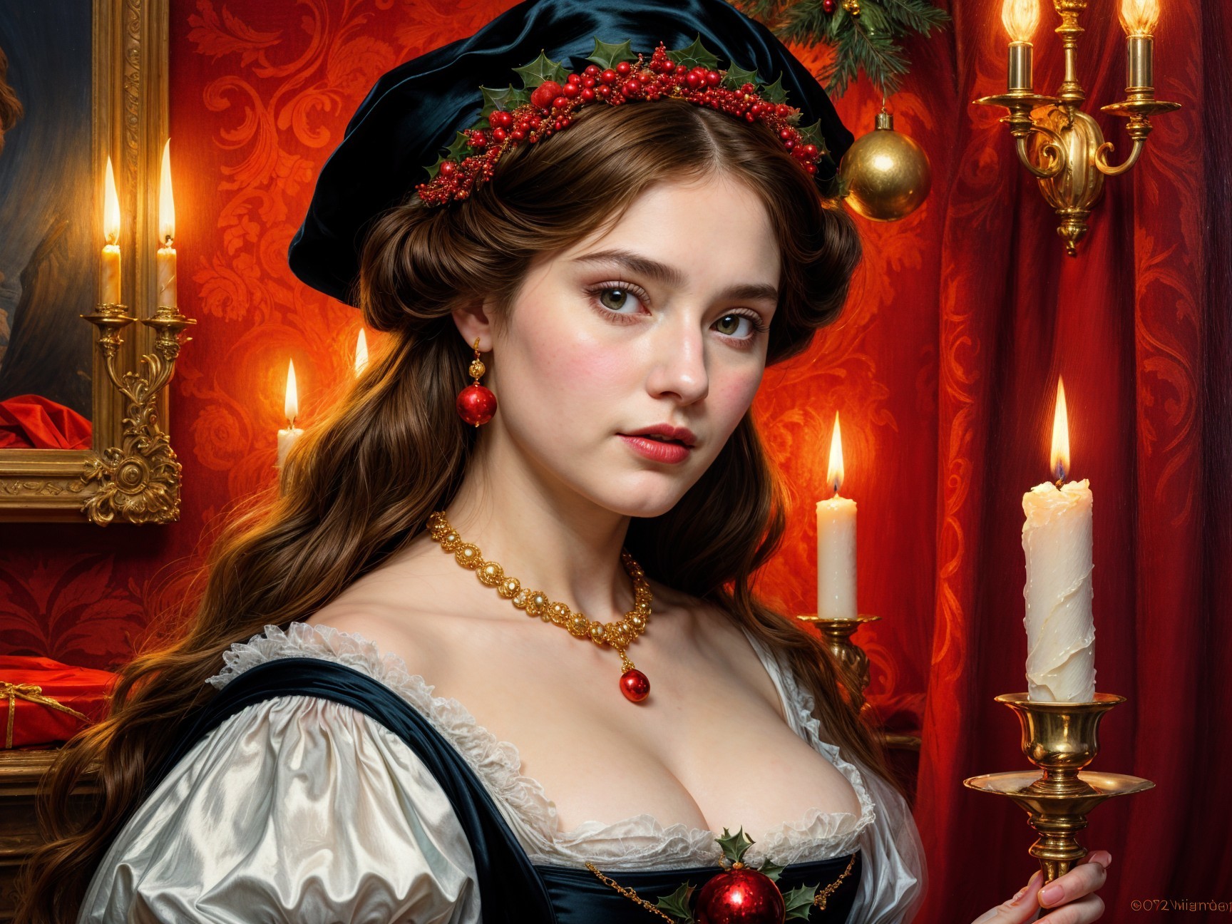 Young Woman in Lavish Dress Against Red Backdrop