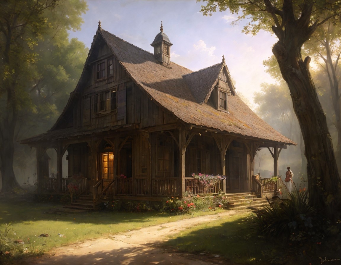 Rustic wooden house with porch among trees and sunlight