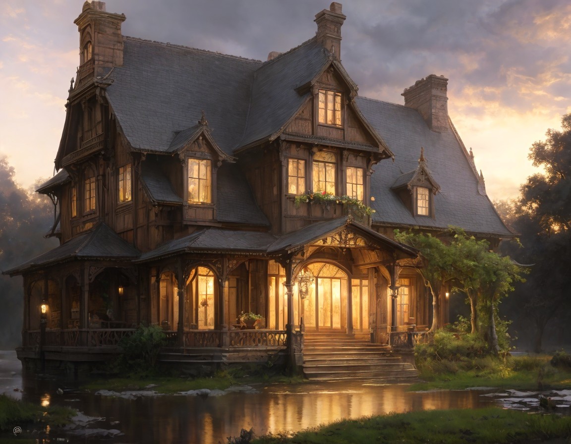 Twilight Scene of a Rustic House by a Creek