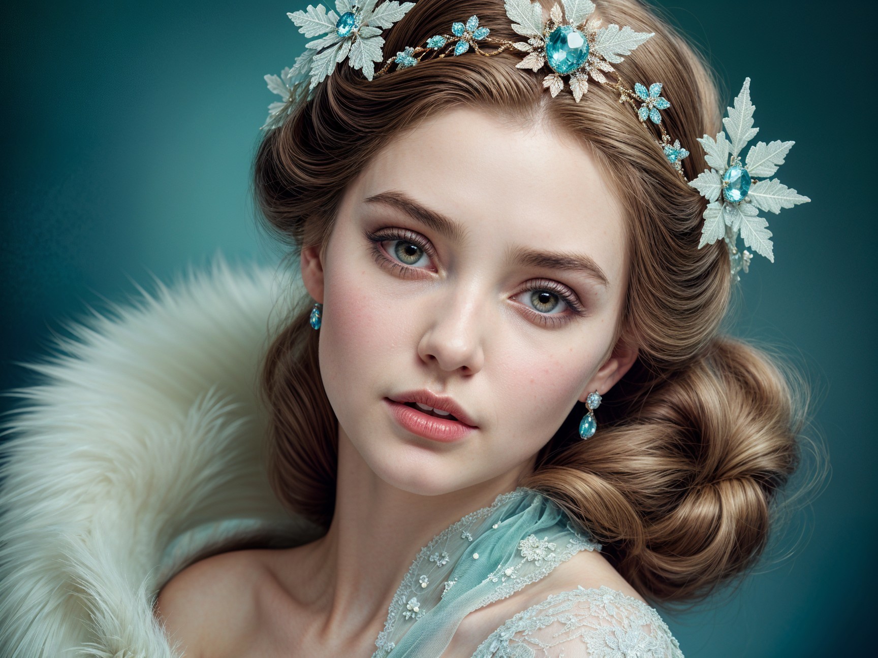 Young Woman in Elegant Gown with Floral Accessories
