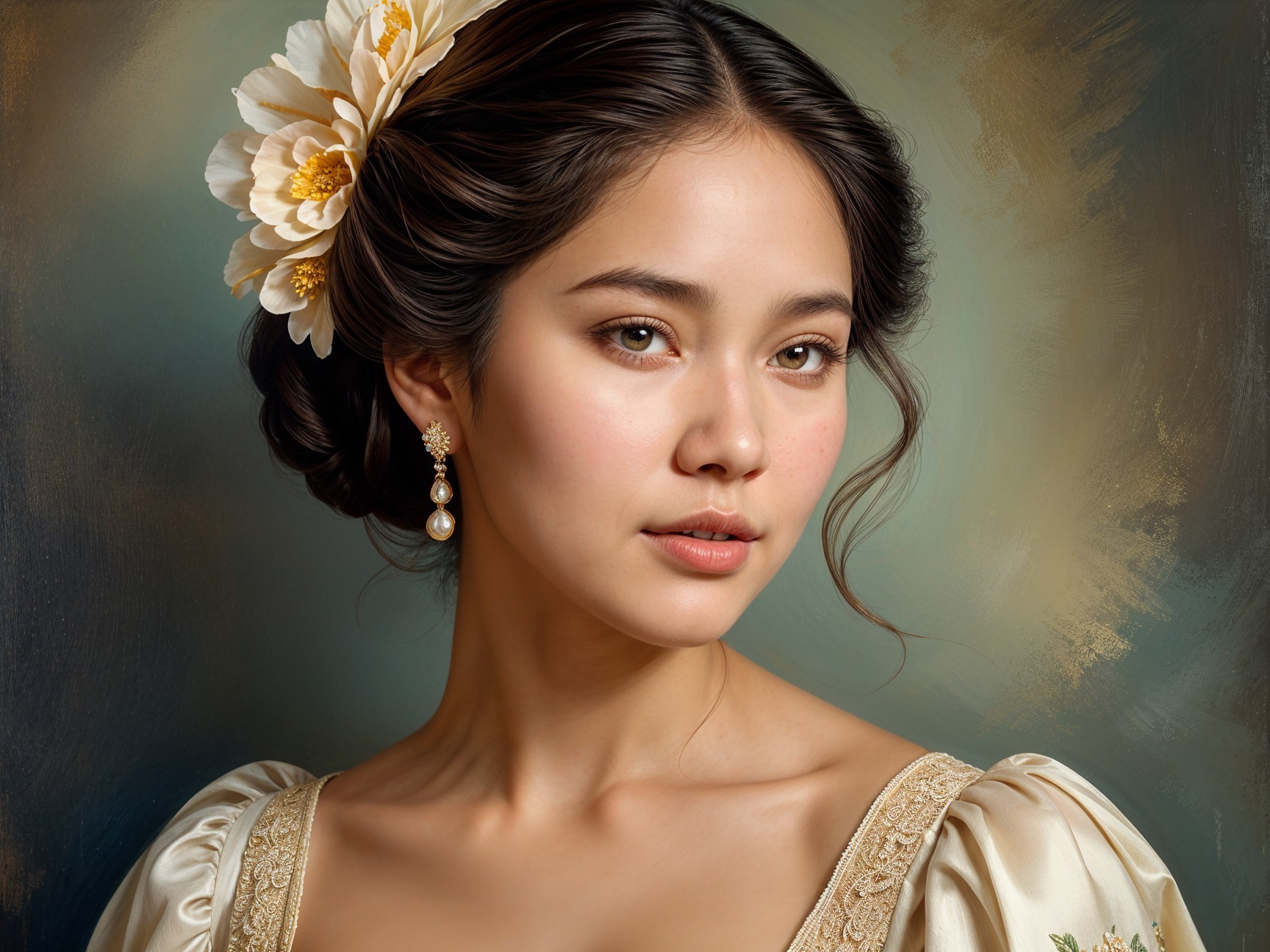 Elegant Woman in Vintage Dress with Floral Updo