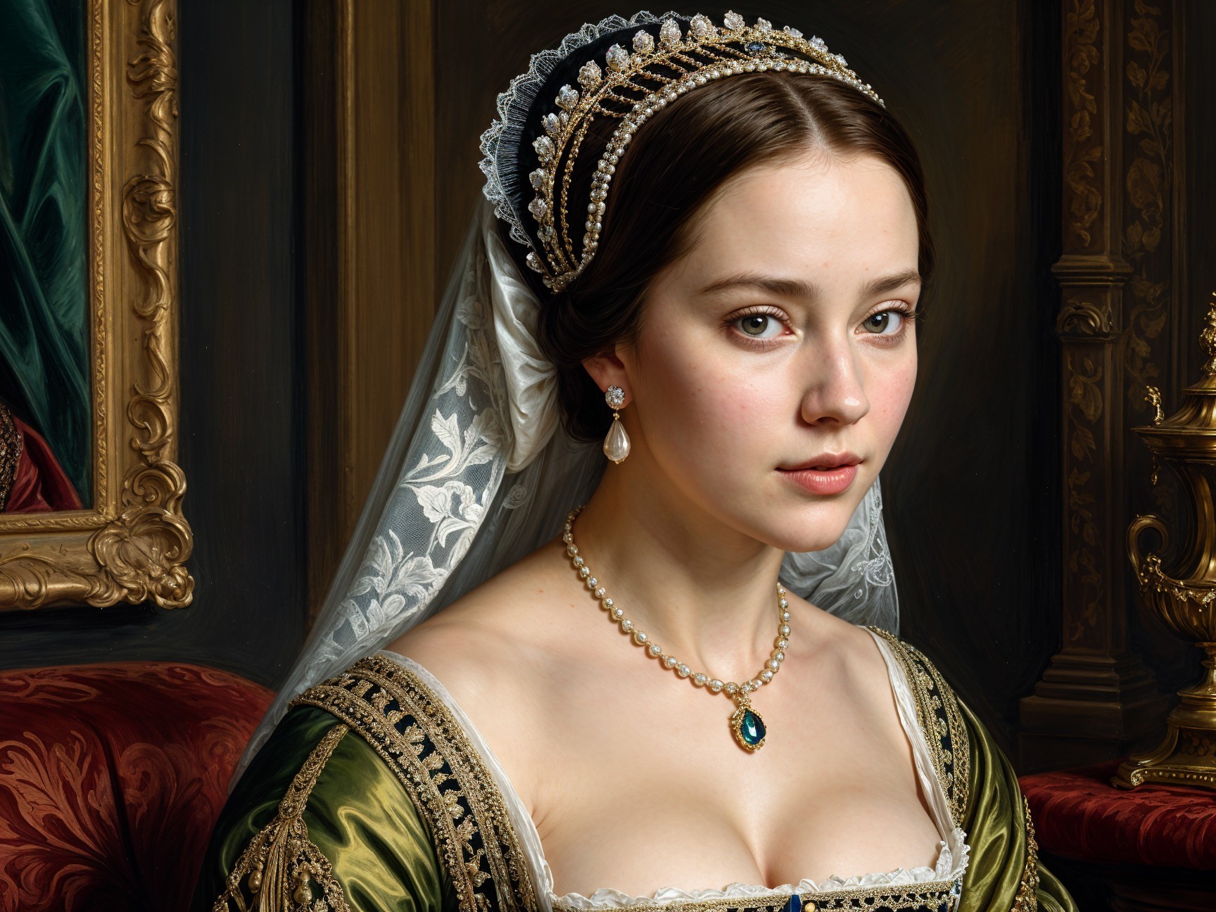 Elegant young woman in detailed gown with jewelry