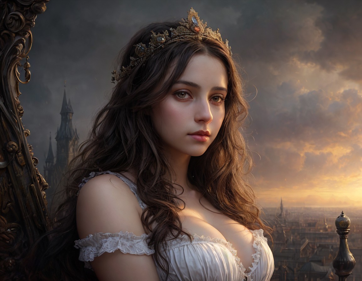 Young woman with long brown hair and gold crown against dramatic sky and castle.