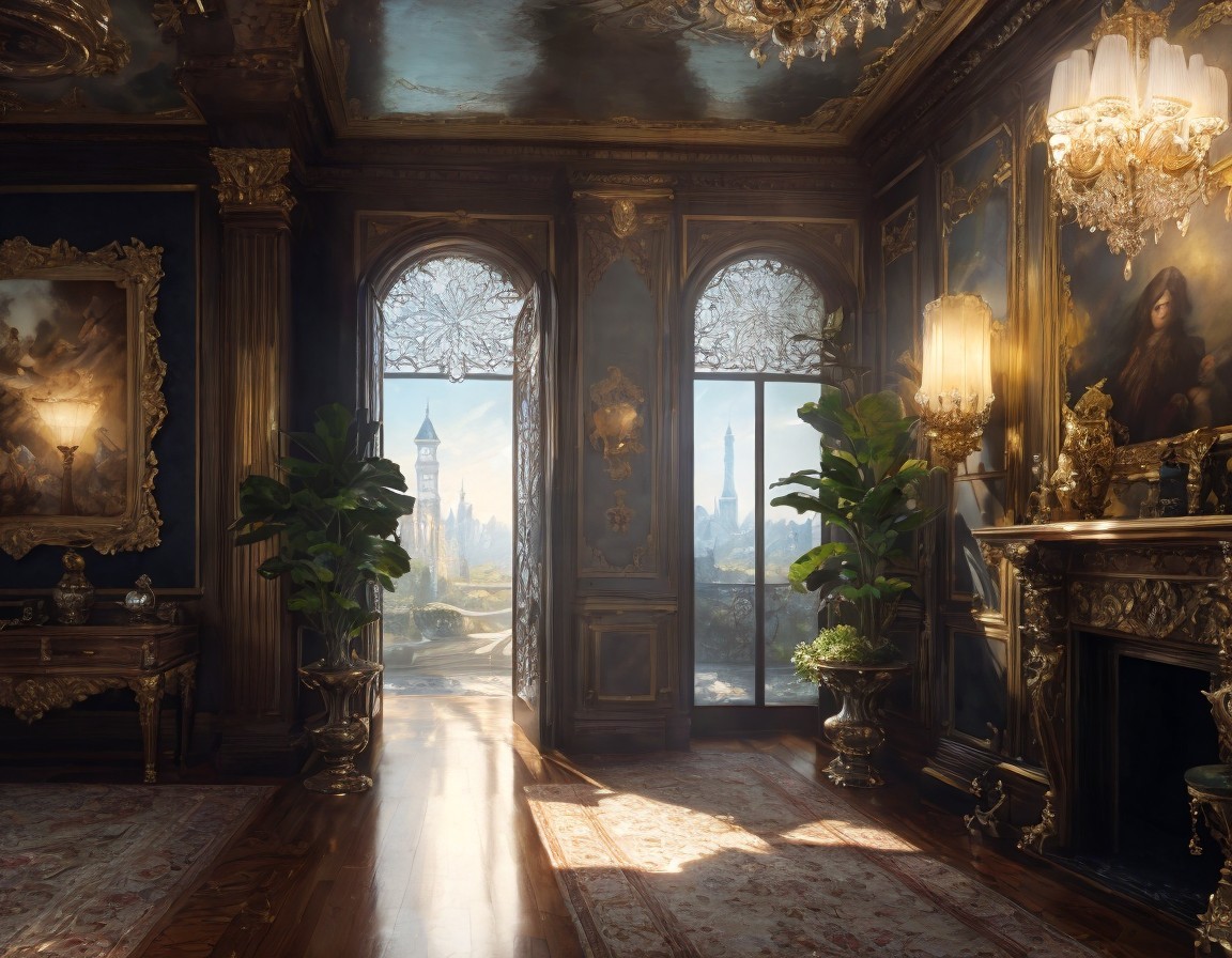 Luxurious Room with Large Windows, Chandeliers, Fireplace, and Plants