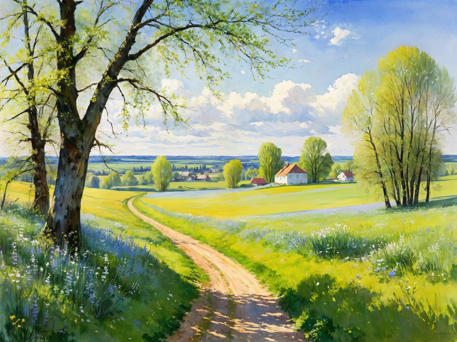 Serene Countryside Landscape with Winding Path and Houses