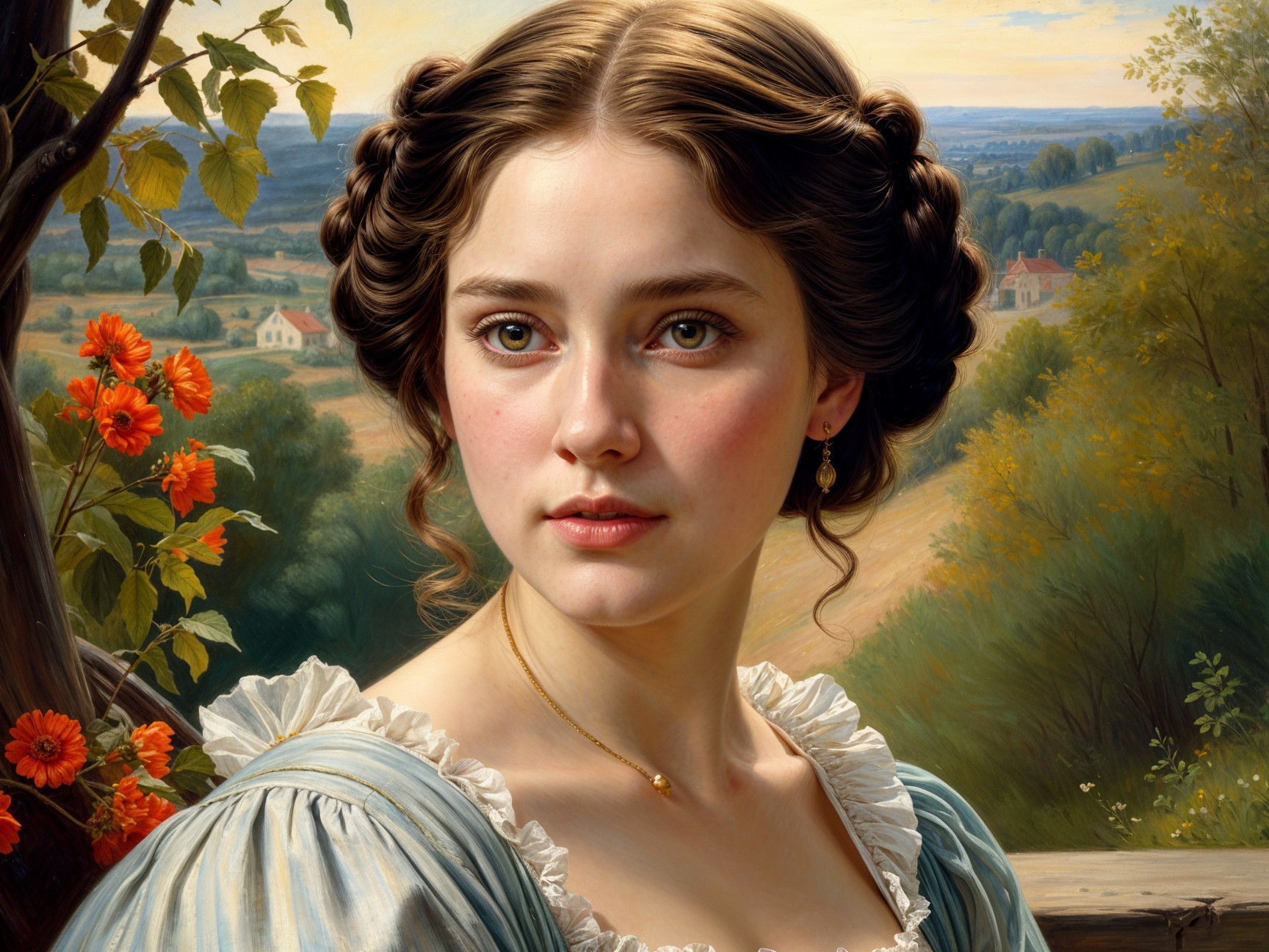 Young woman in blue dress against serene landscape