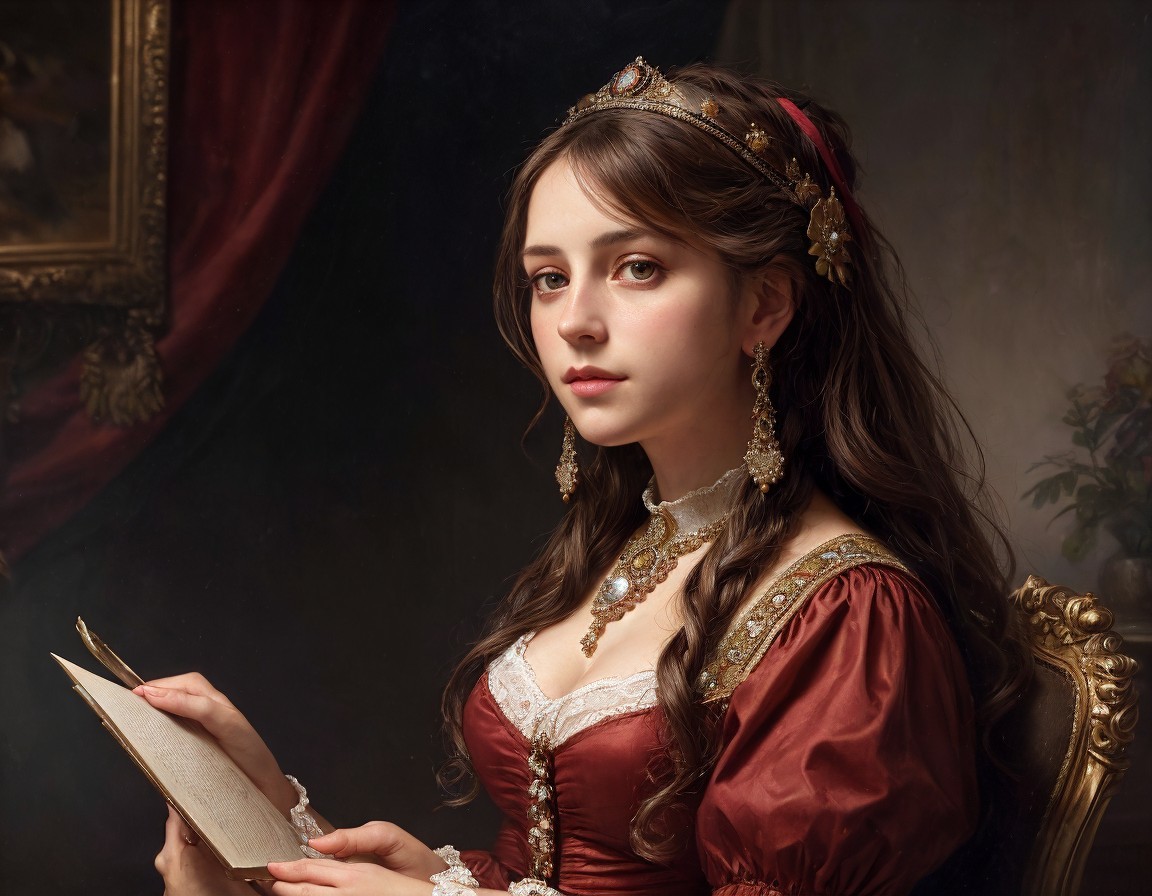 Renaissance-style dressed person holding a book with ornate jewelry