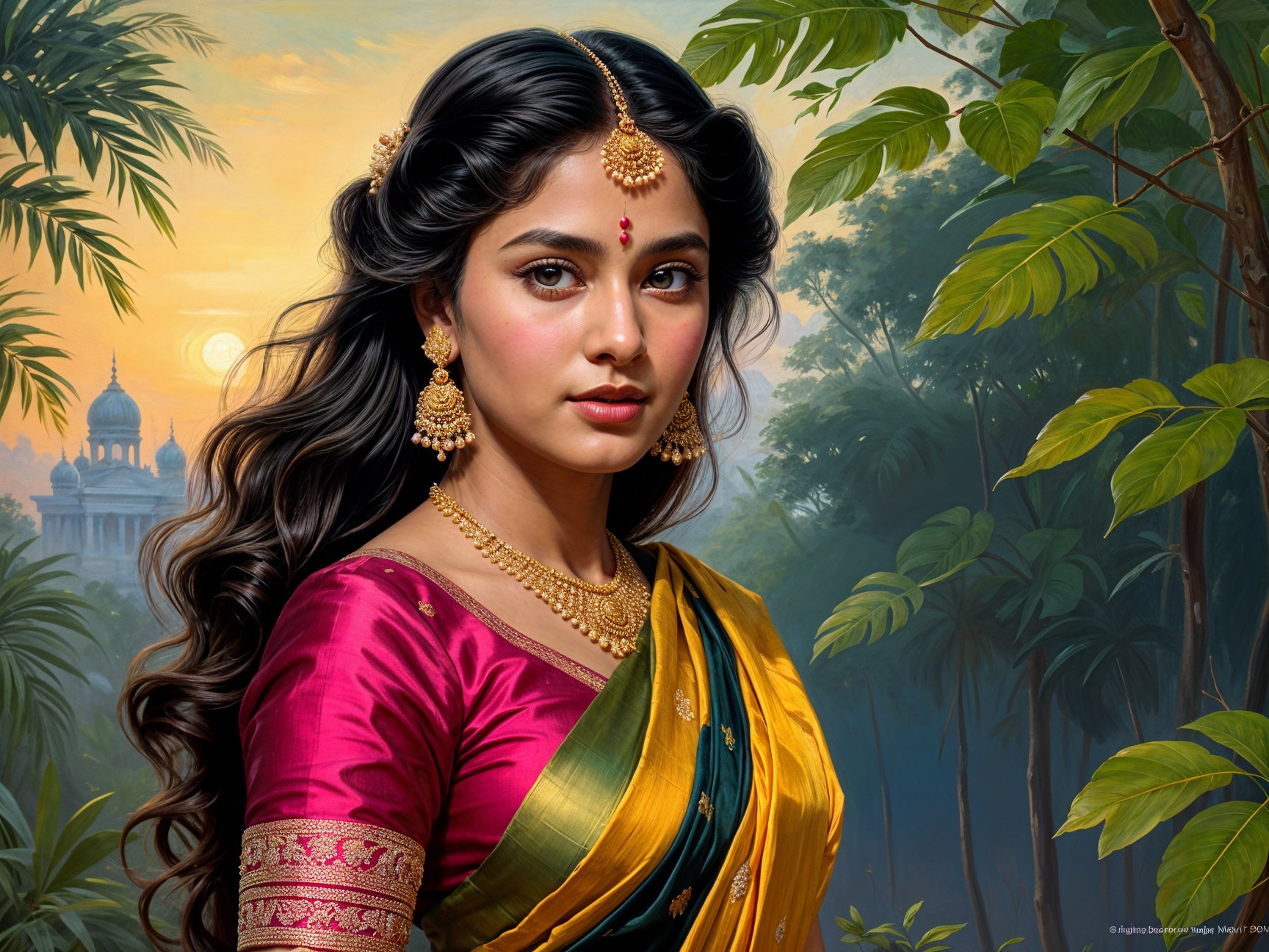 Young Woman in Vibrant Saree Surrounded by Greenery
