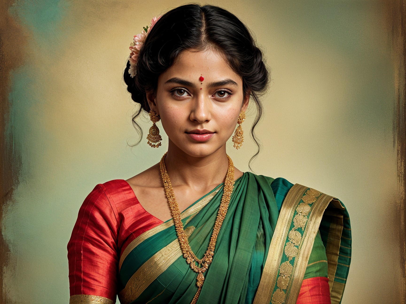 Young Woman in Traditional Indian Silk Saree and Jewelry
