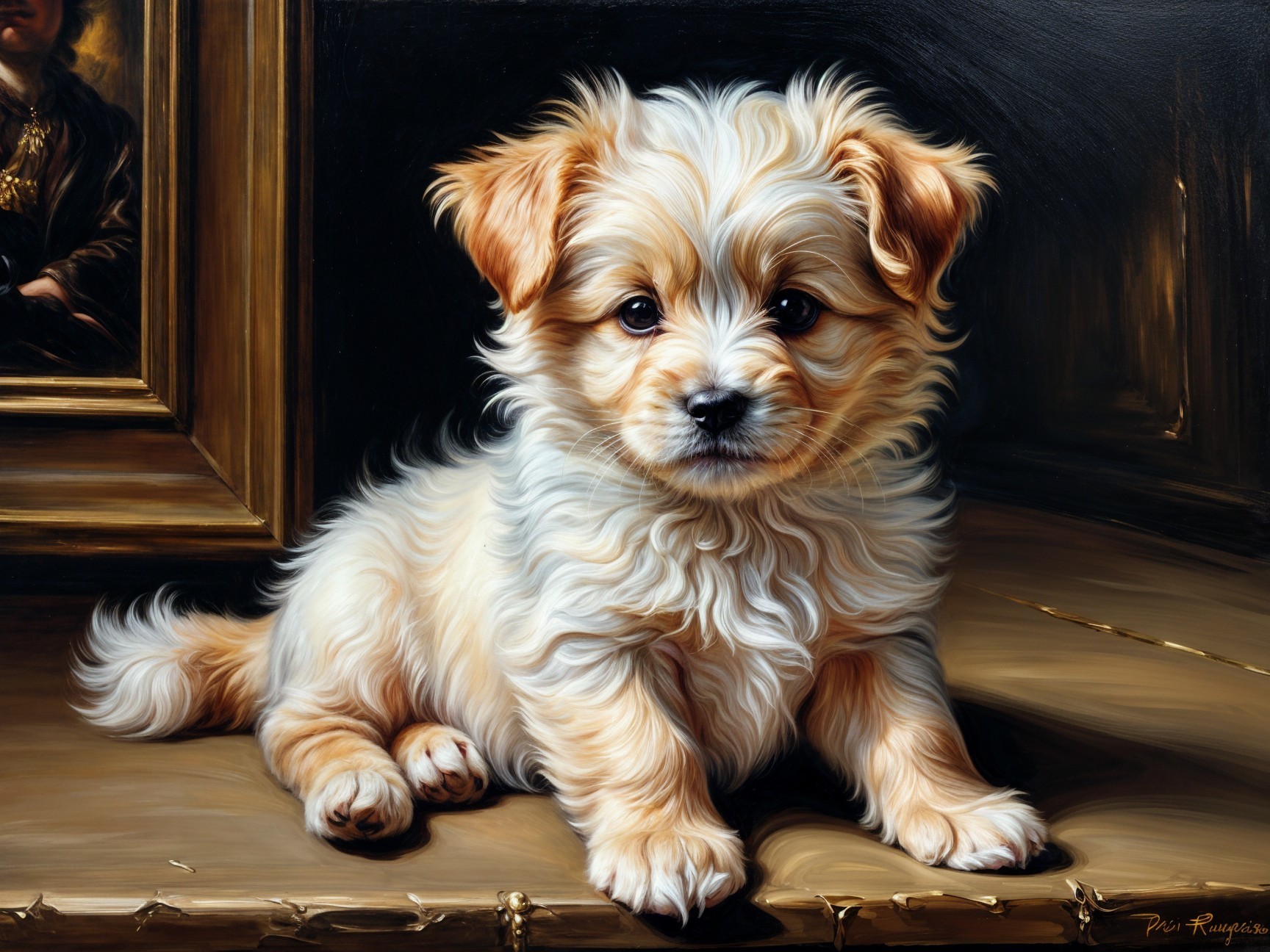 Fluffy Light-Colored Puppy on Wooden Surface