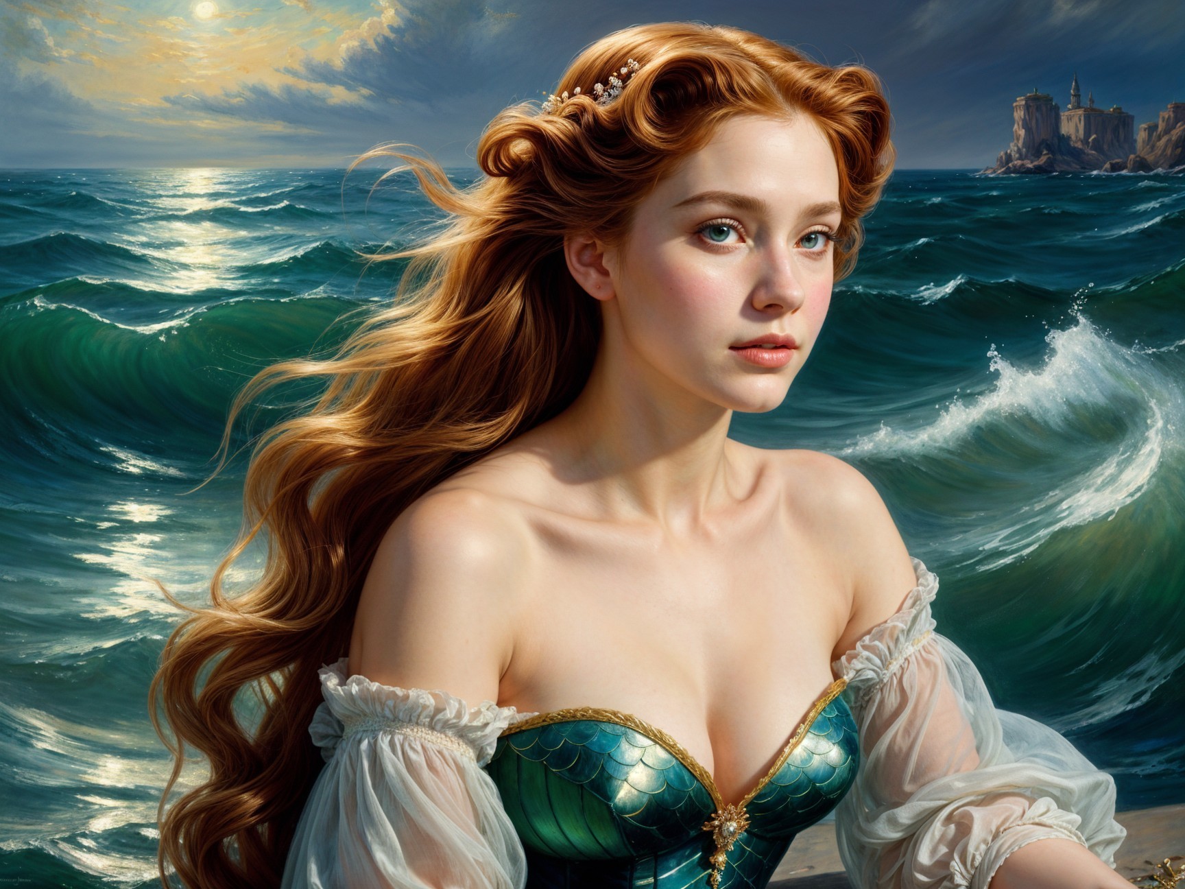 Young Woman in Sea-Inspired Attire by Dramatic Waves