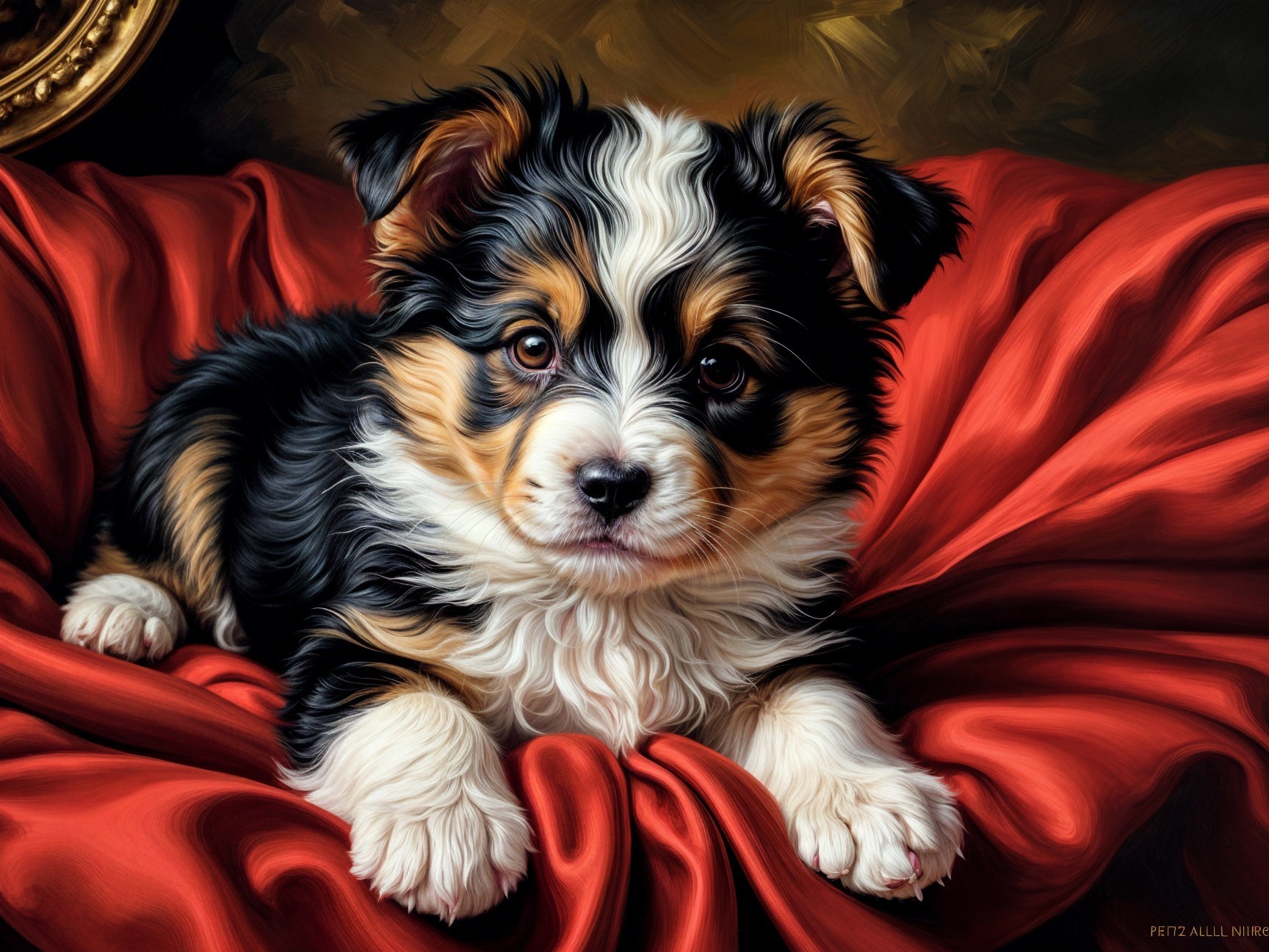 Fluffy Tri-Color Puppy on Red Velvet Fabric