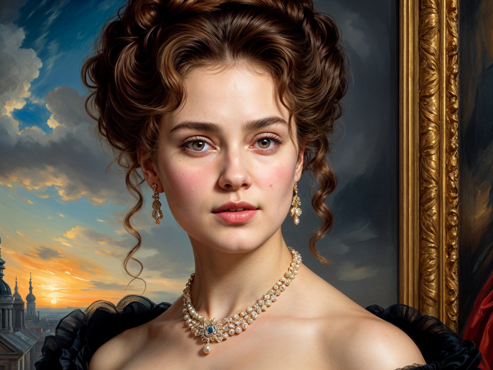 Young Woman in Black Gown with Pearl Jewelry Portrait