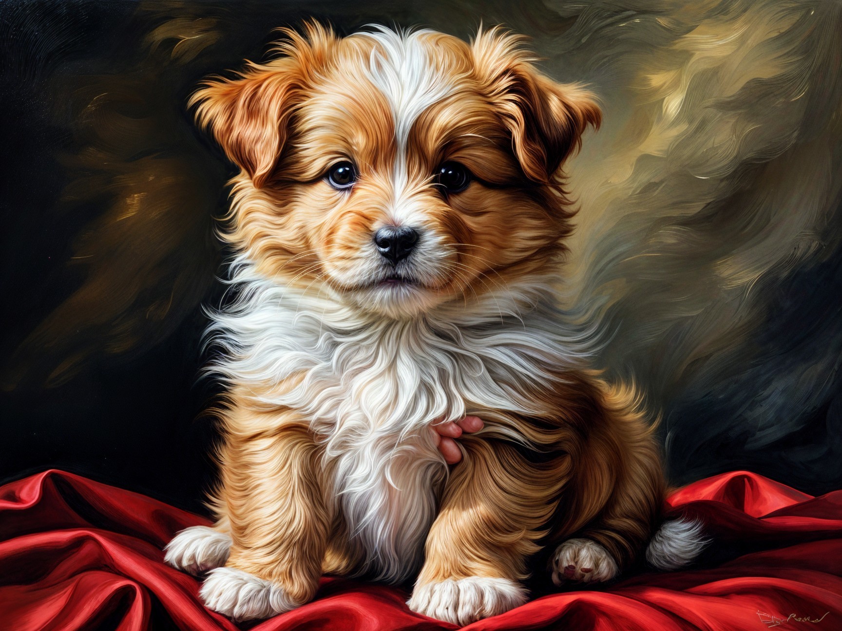 Fluffy Orange and White Puppy on Red Fabric