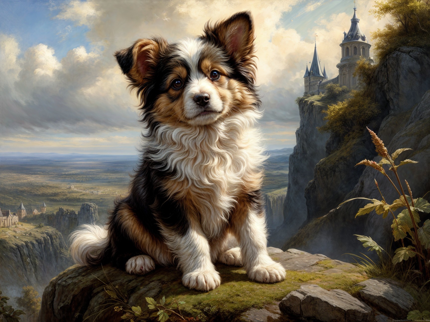 Tri-colored fluffy dog on rocky outcrop with landscape