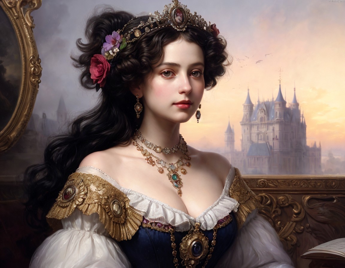 Portrait of elegant young woman with dark hair, flowers, jewels, royal dress, and castle backdrop.
