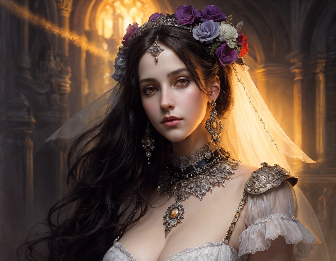 Dark-haired woman in bridal gown with floral crown against gothic cathedral.
