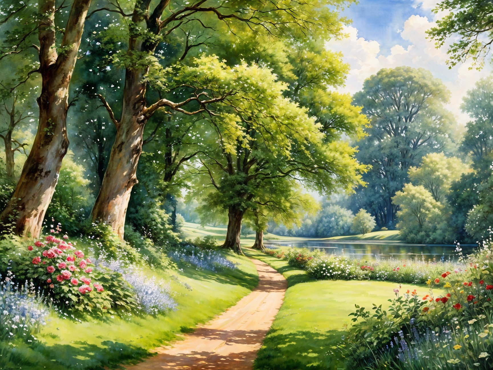 Serene Landscape with Winding Path and Wildflowers