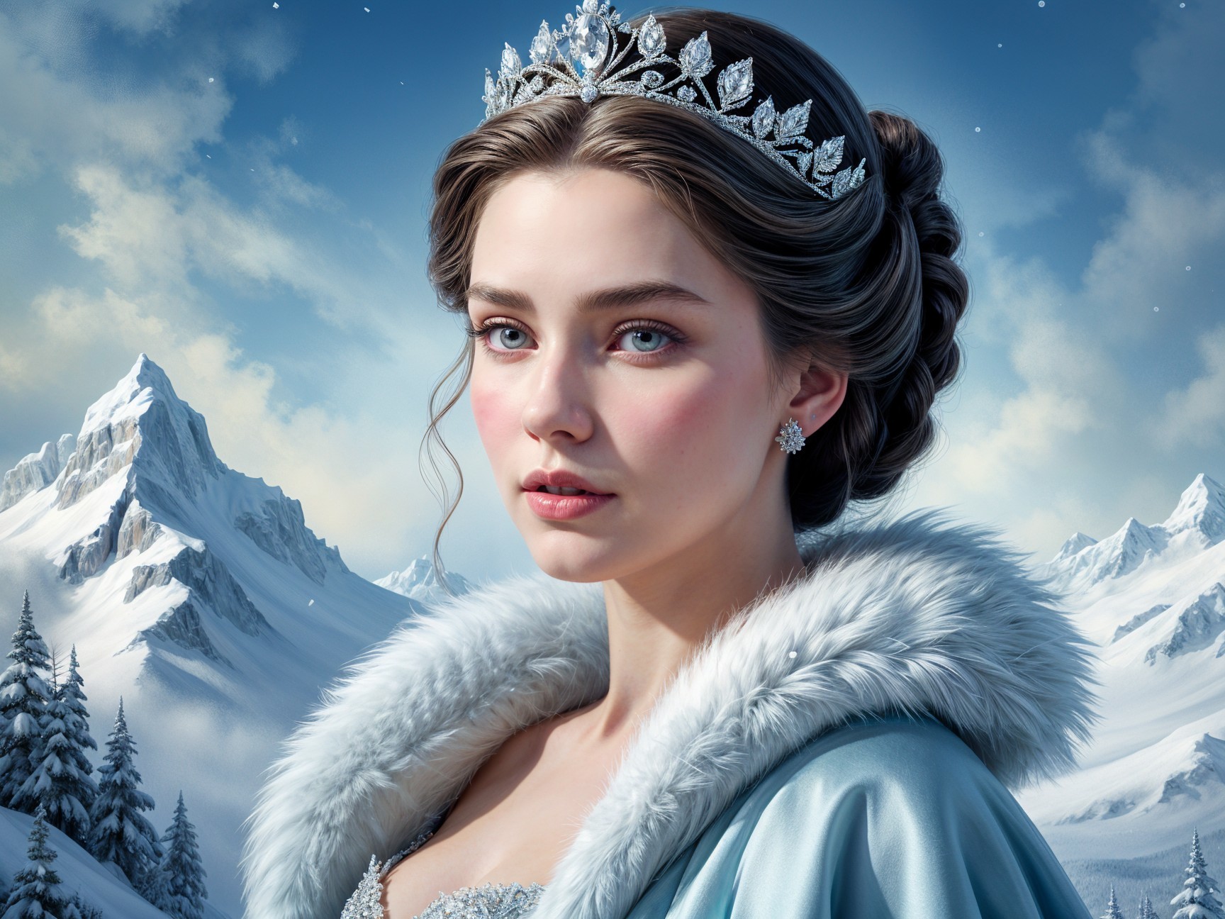 Young woman in icy-blue gown in winter landscape