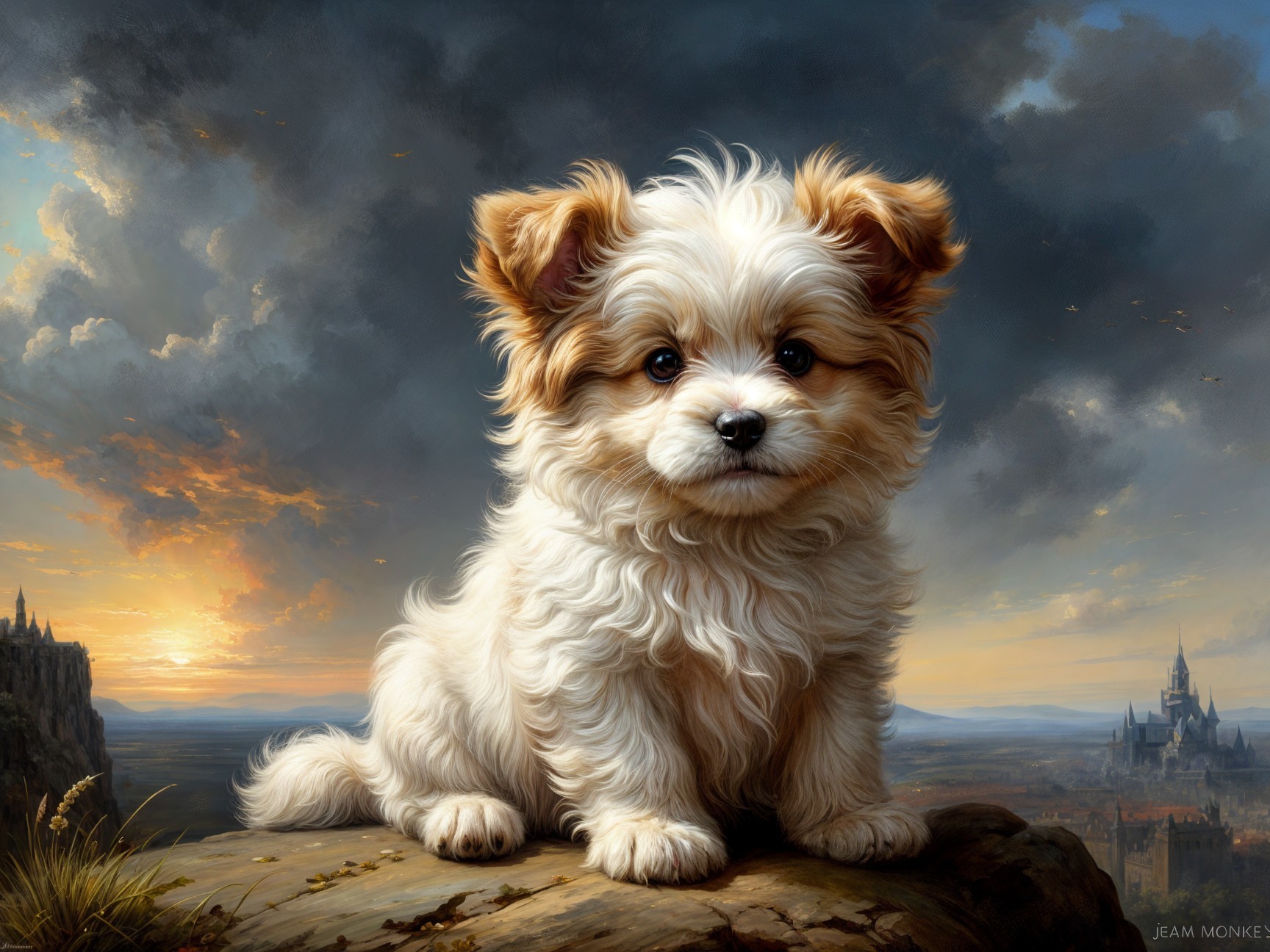 Fluffy Puppy on Rocky Ledge at Sunset with Castles