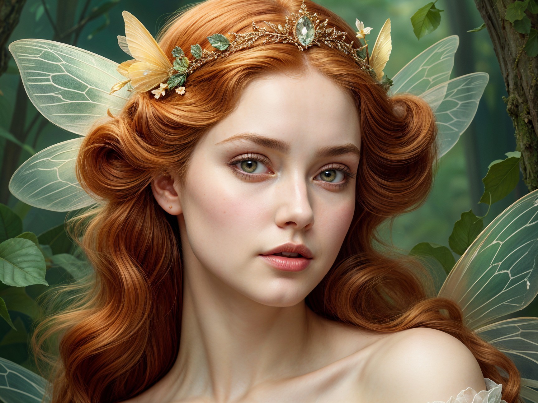 Young woman with auburn hair and butterfly wings