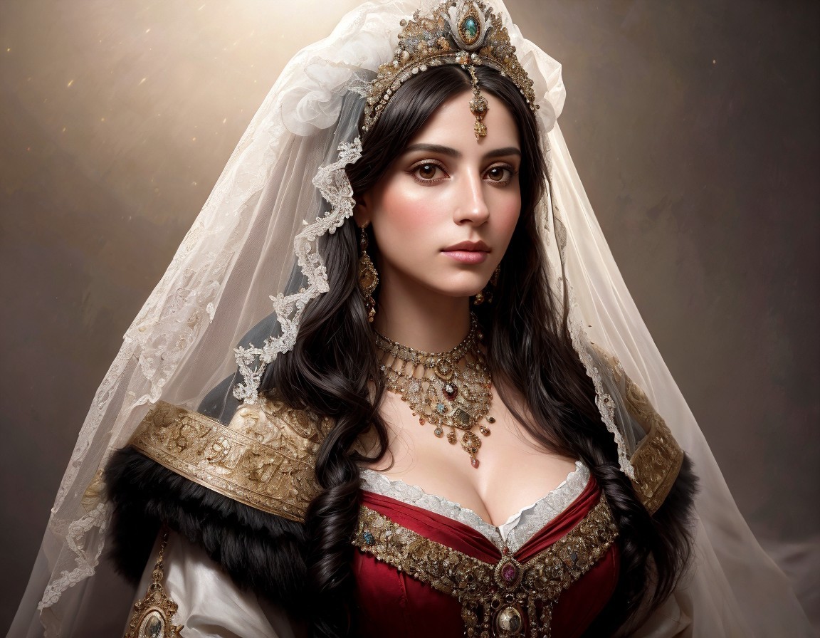 Regal Woman in Intricate Crown and Embroidered Dress