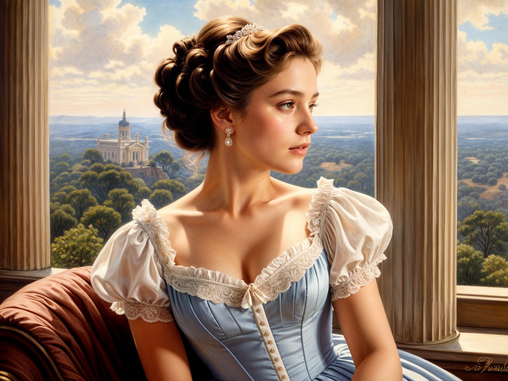 Young Woman in Blue Gown by Ornate Window