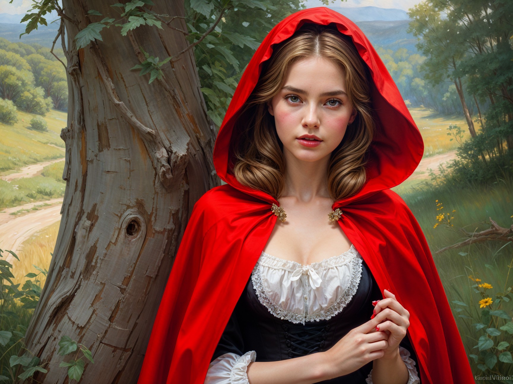 Young woman in red cloak by tree in sunlit landscape