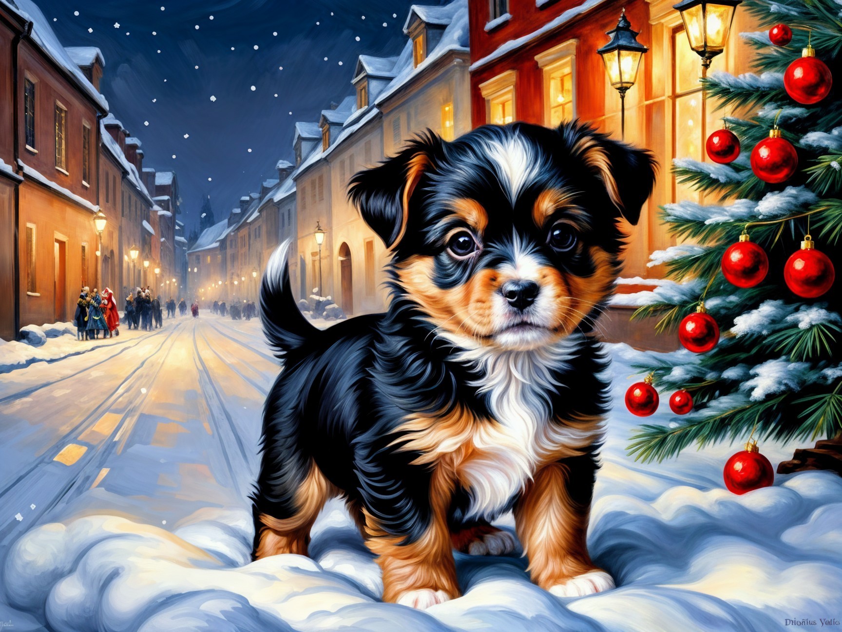 Puppy in Snowy Street with Holiday Decorations