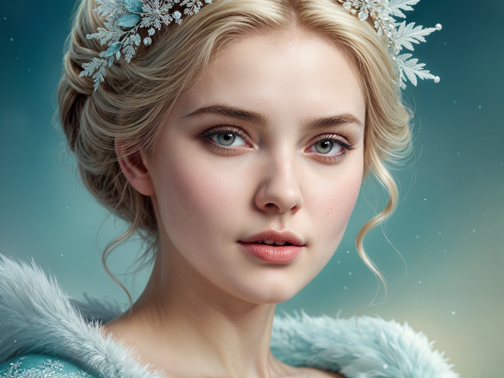 Young Woman in Icy Blue Gown with Snowflake Accessories