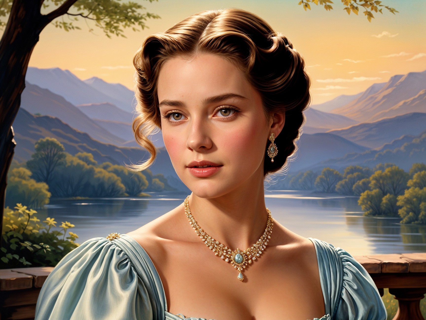 Young woman in blue dress by serene river at sunset